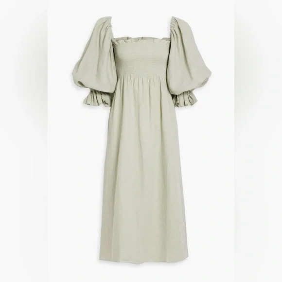 NWOT Sleeper Atlanta Off the Shoulder Shirred Linen Midi Dress Light Green Large - Picture 3 of 9